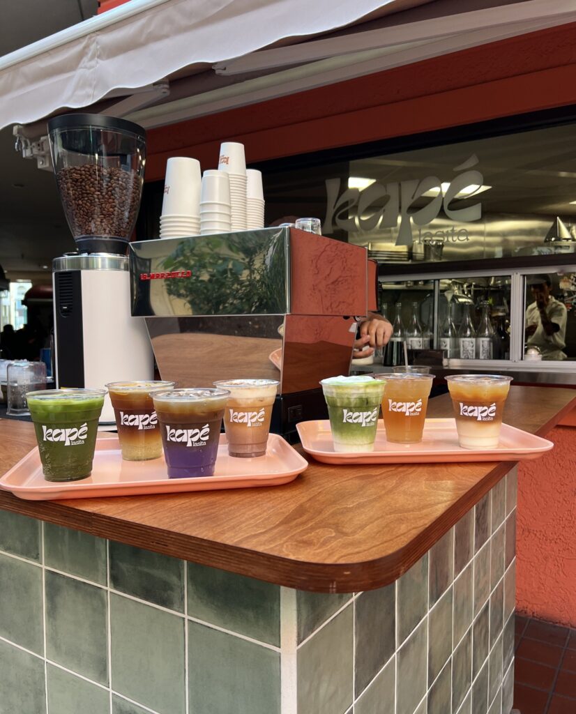 Drinks at Kapé Lasita include iced matcha lattes with pandan syrup, black tea with calamansi juice, and cappuccinos with jackfruit.