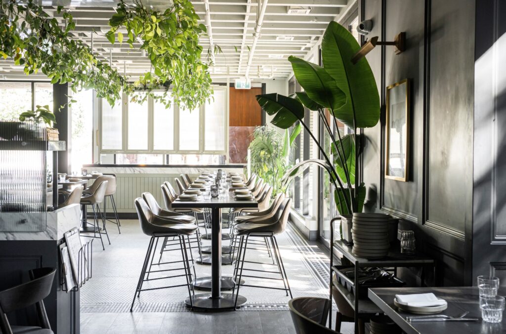 A bright, plant-filled restaurant interior with a long table set with schoolhouse chairs.