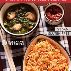 top shot of schezwan fried rice in a black rimmed triangular bowl with bamboo chopsticks at the side on a checkered black and white napkin with text overlays