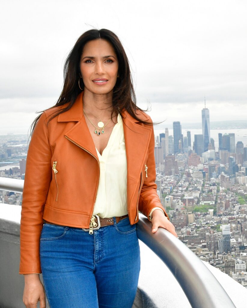 Padma Lakshmi poses on the observation deck of the Empire State Buildling.