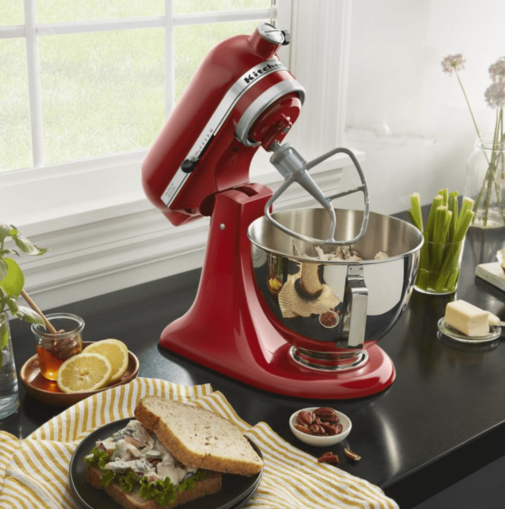 KitchenAid 4.5-quart red standing mixer.