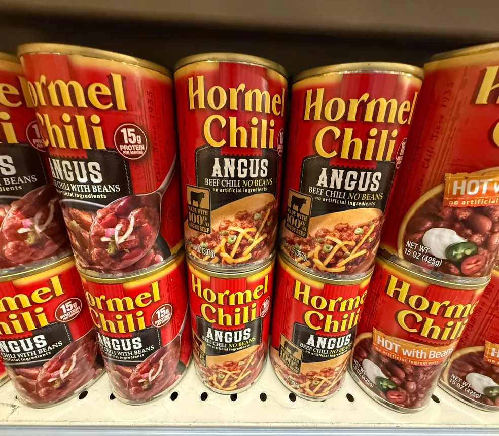 Cans of Hormel chili
