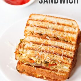 paneer sandwich on white plate with text layovers.