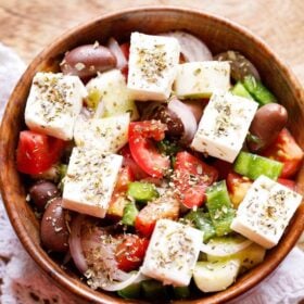 Colorful bowl of Greek salad.